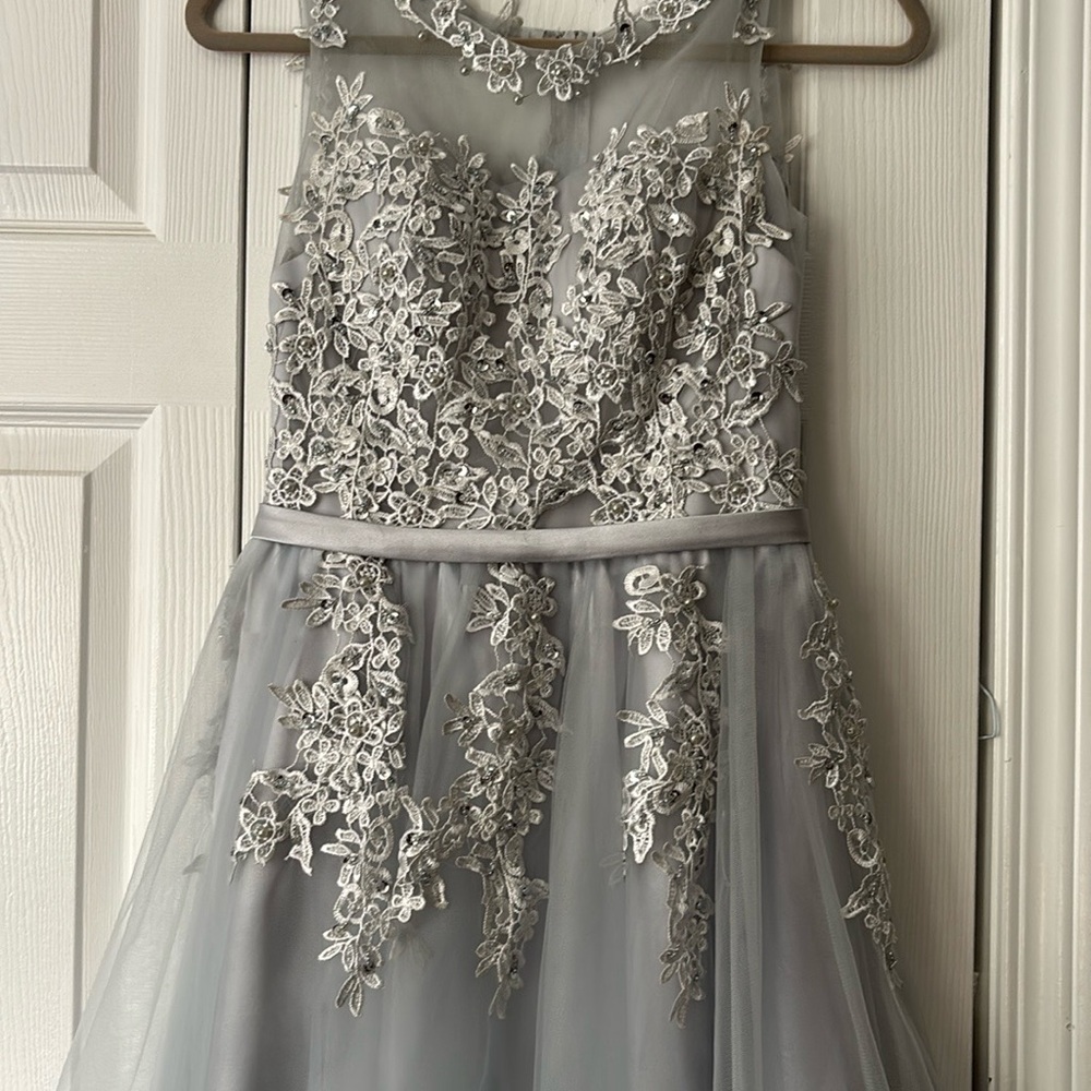 Elegant Silver Lace Evening Gown